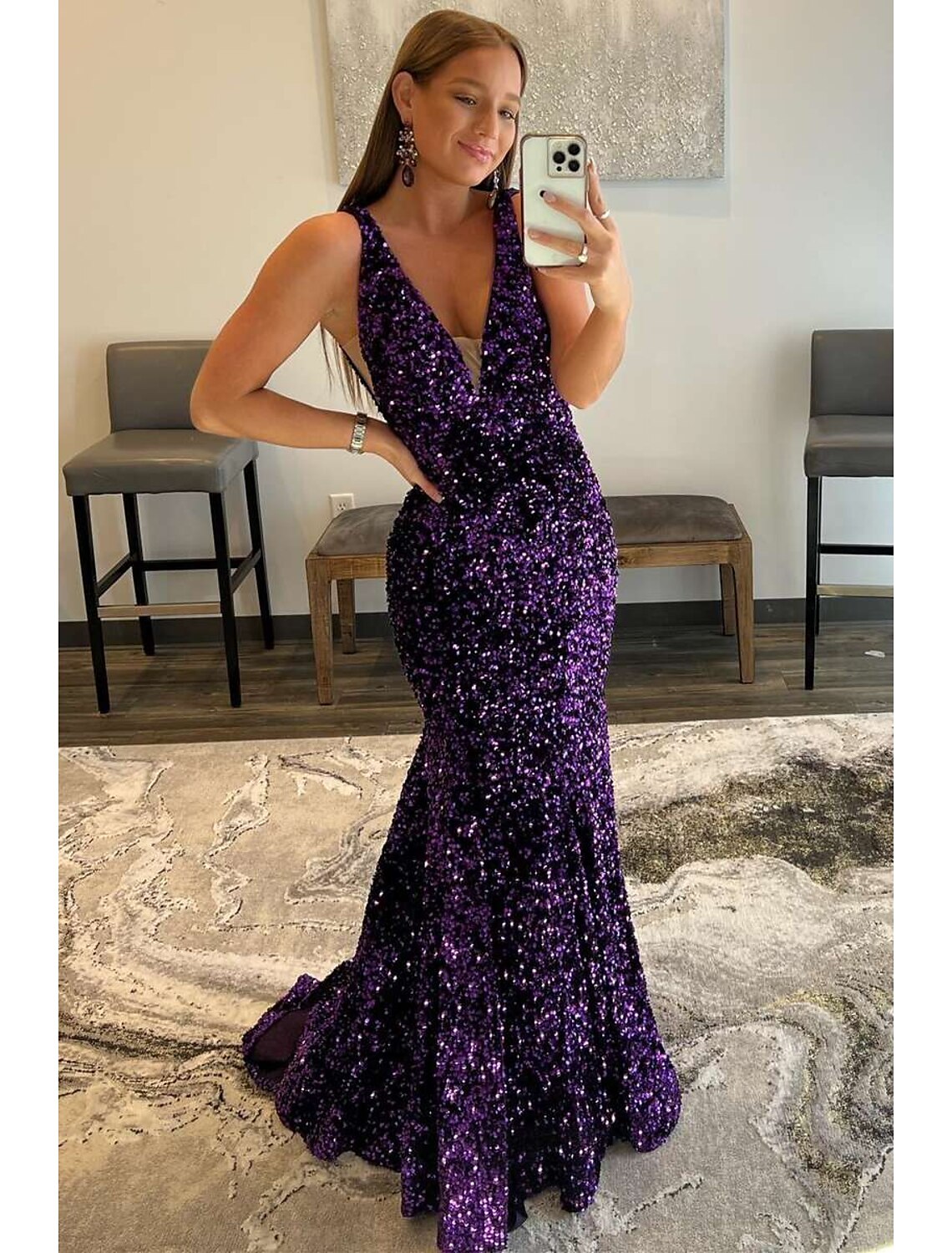 Luolandi Mermaid / Trumpet Prom Dresses Sparkle &amp; Shine Dress Formal Sweep / Brush Train Sleeveless V Neck Sequined Backless