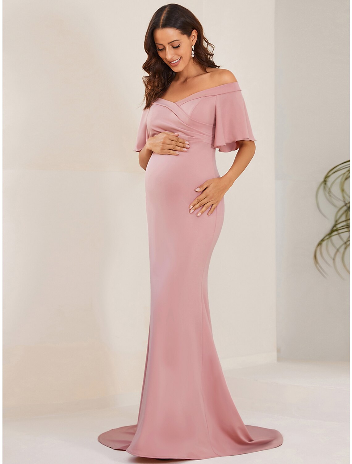 Luolandi Mermaid / Trumpet Maternity Dresses Maternity Dress Formal Court Train Short Sleeve Off Shoulder Fabric with Ruched