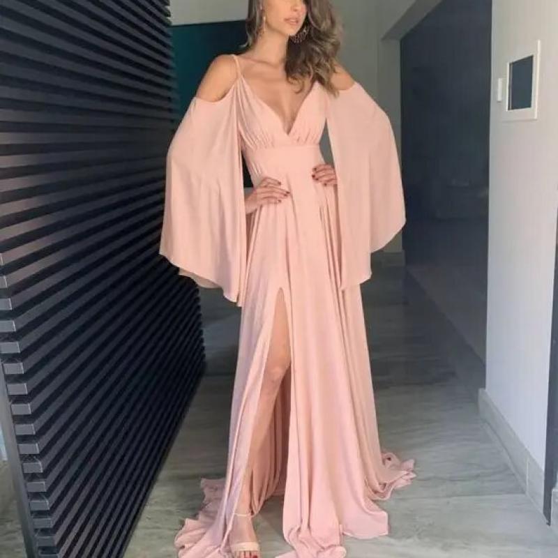 Luolandi Simple Pink Chiffon Long Prom Dress Sexy Evening Dress Elegant Party Dress With Slit