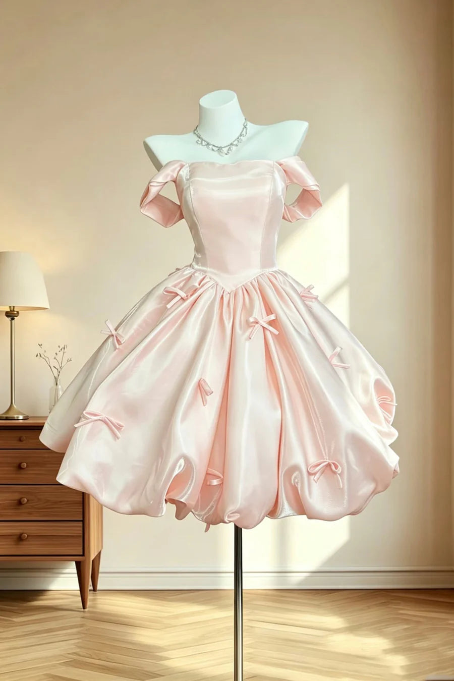 Luolandi Lovely A Line Satin Off-the-Shoulder Short Party Prom Dress Cute Homecoming Dress with Bowknots