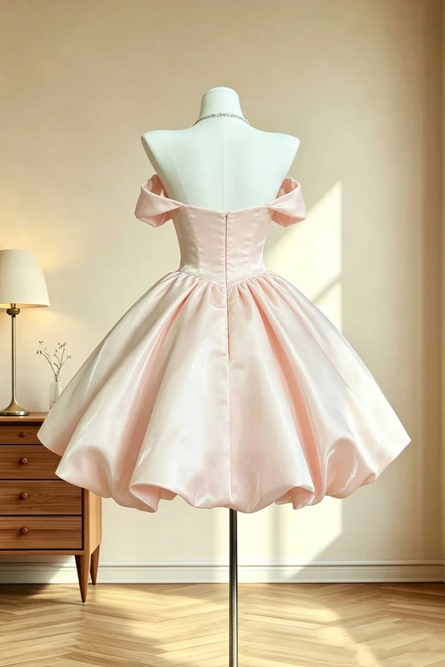 Luolandi Lovely A Line Satin Off-the-Shoulder Short Party Prom Dress Cute Homecoming Dress with Bowknots