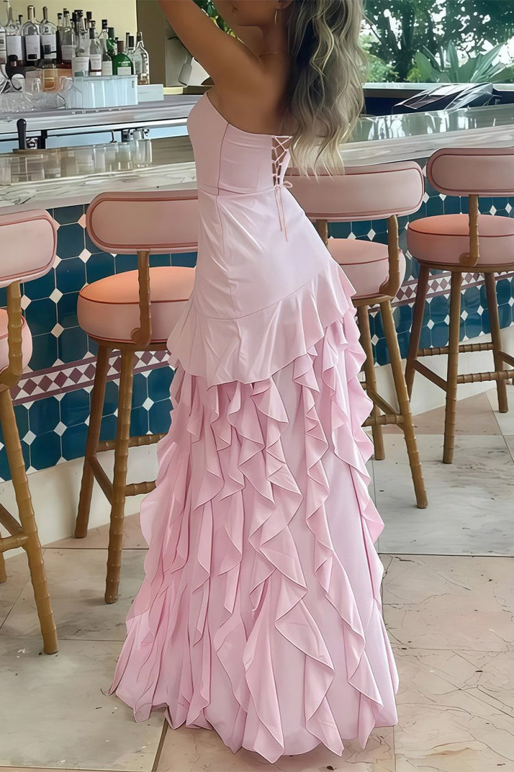 Luolandi Cute Strapless Long Prom Dresses With Ruffles Sweet Formal Party Dress Lovely Graduation Dress