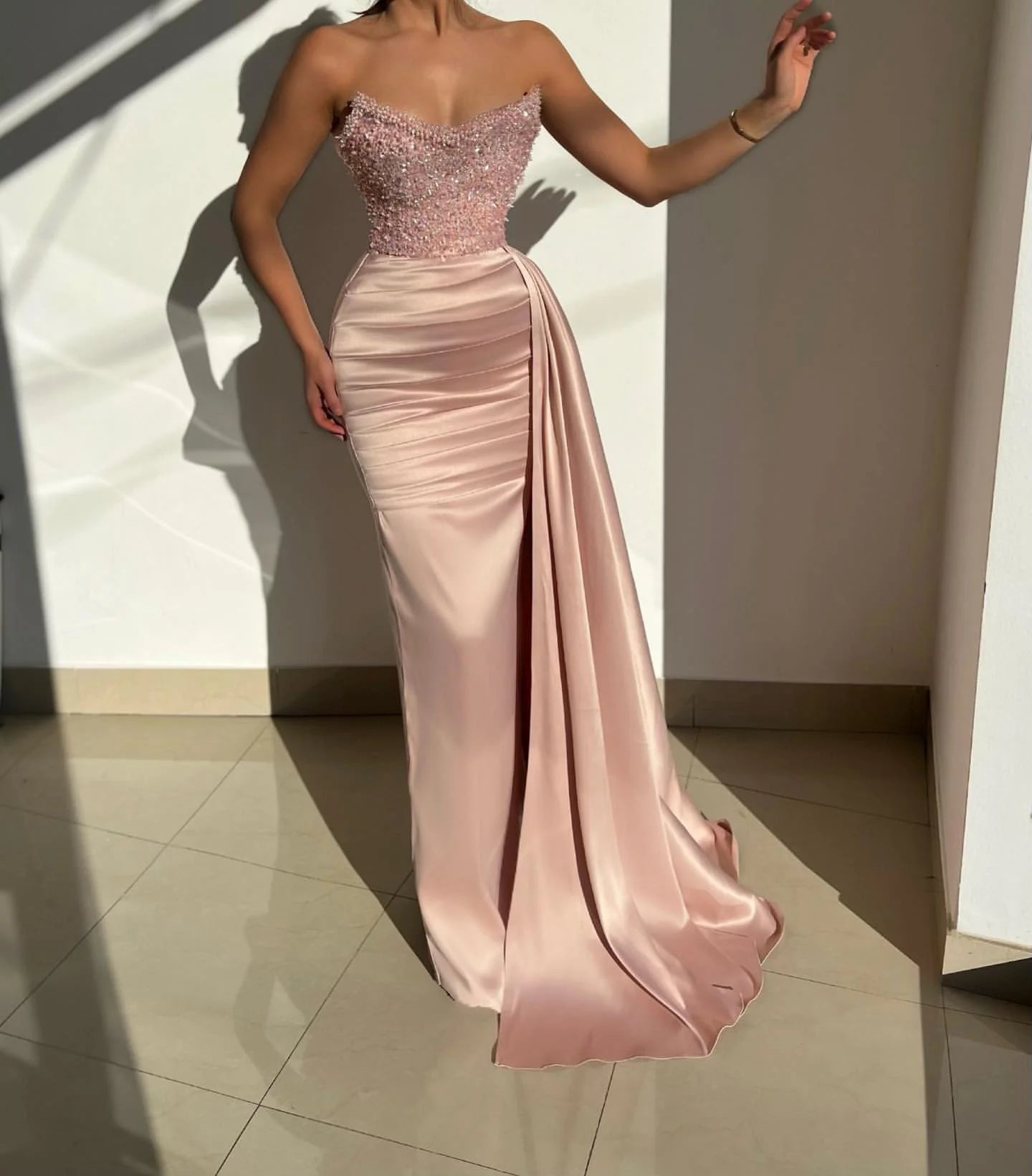 Luolandi Pink Strapless Sequined Satin Prom Dress With Ruffles Off Shoulder Sparkly Evening Dress Formal Dress