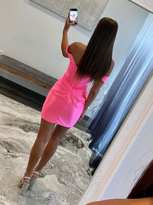 Luolandi Sheath Off the Shoulder Short Satin Homecoming Dress Sexy Party Dress