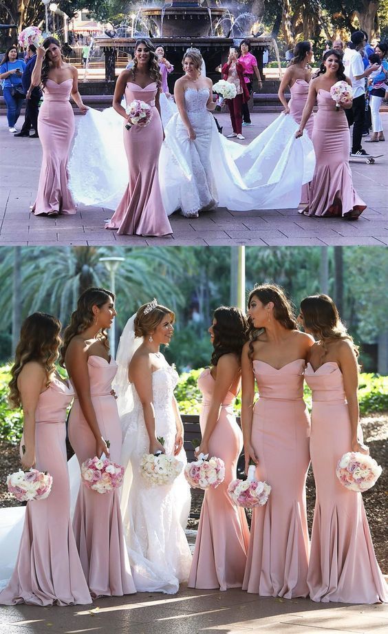 Luolandi Mermaid Strapless Blush Pink Satin Bridesmaid Dresses Long Elegant Party Dresses