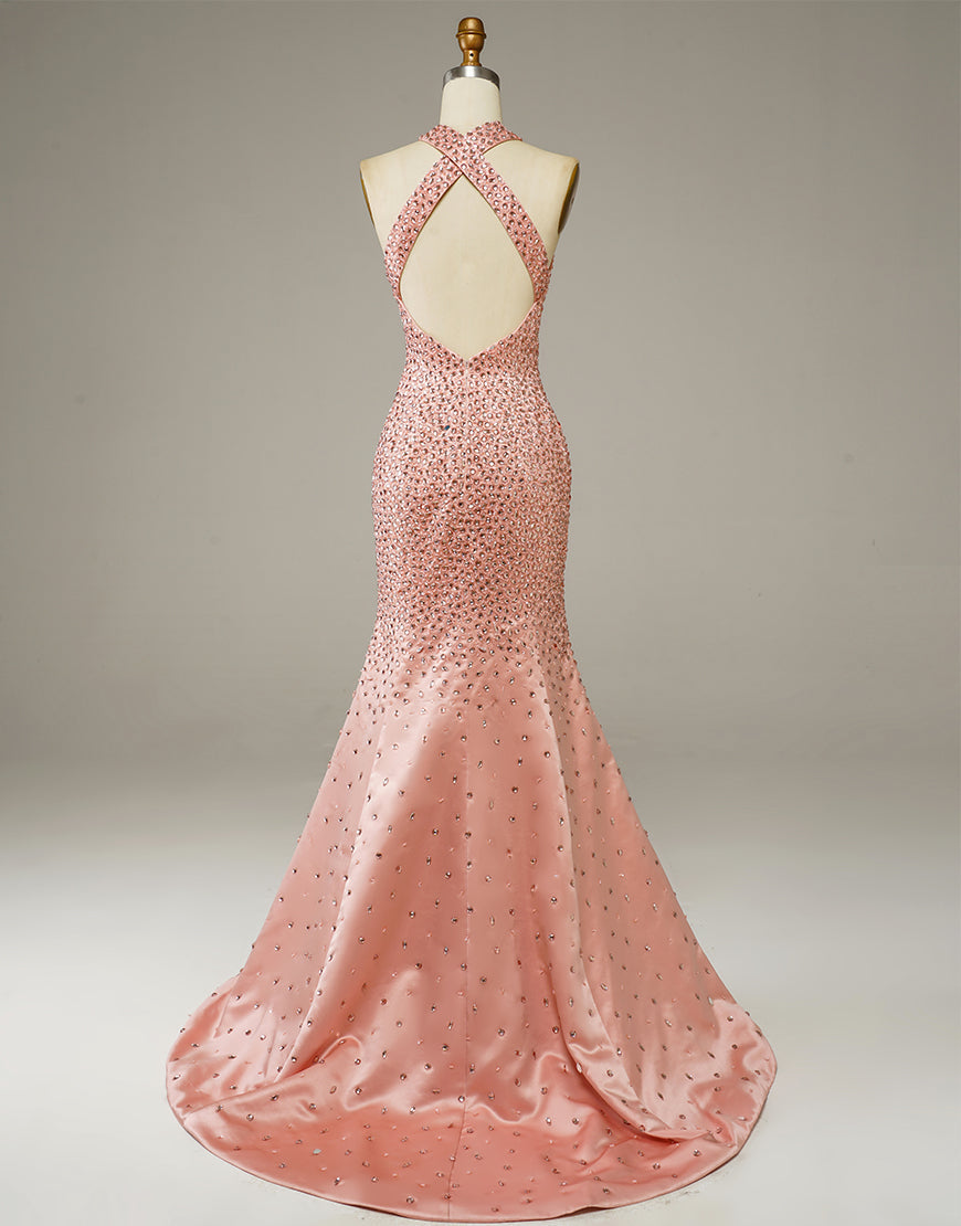 Luolandi Pink Beading Mermaid Prom Dress Floor Length Sparkly Evening Dress