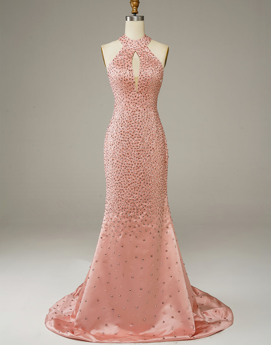 Luolandi Pink Beading Mermaid Prom Dress Floor Length Sparkly Evening Dress