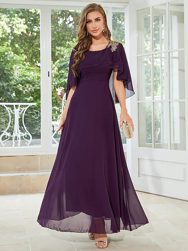 Luolandi A-Line Wedding Guest Dresses Elegant Dress Party Wear Floor Length Half Sleeve Jewel Neck Chiffon