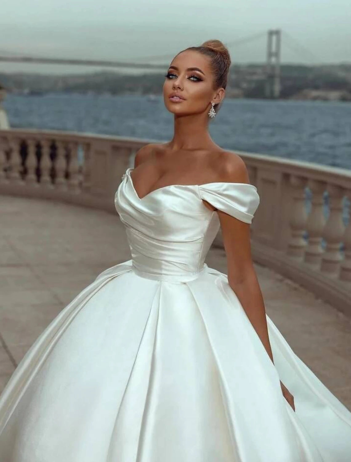 Luolandi Engagement Formal Wedding Dresses Ball Gown Off Shoulder Cap Sleeve Court Train Satin Bridal Gowns With Ruched