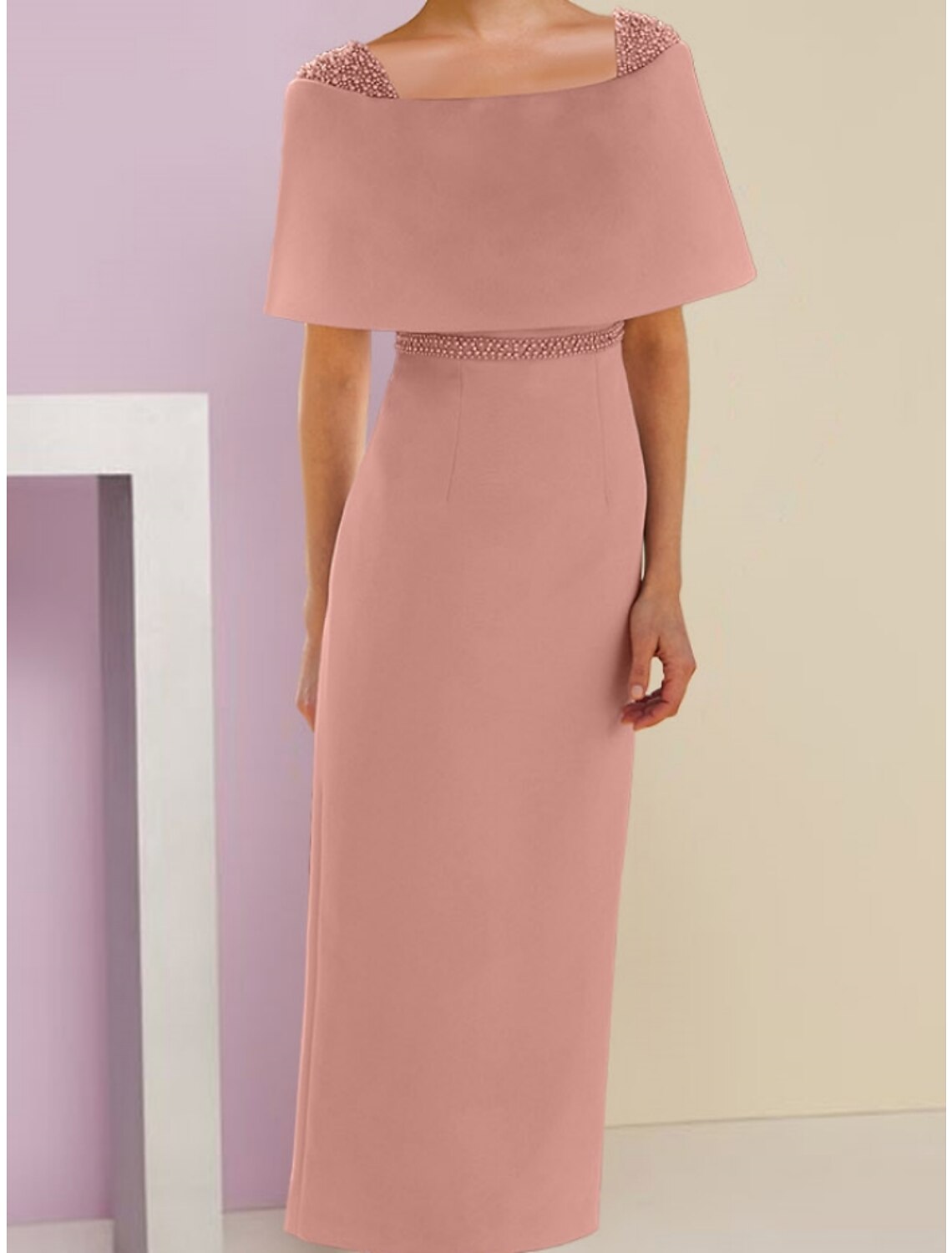 Luolandi A-Line Mother of the Bride Dress Wedding Guest Elegant Off Shoulder Ankle Length Fabric Short Sleeve with Beading