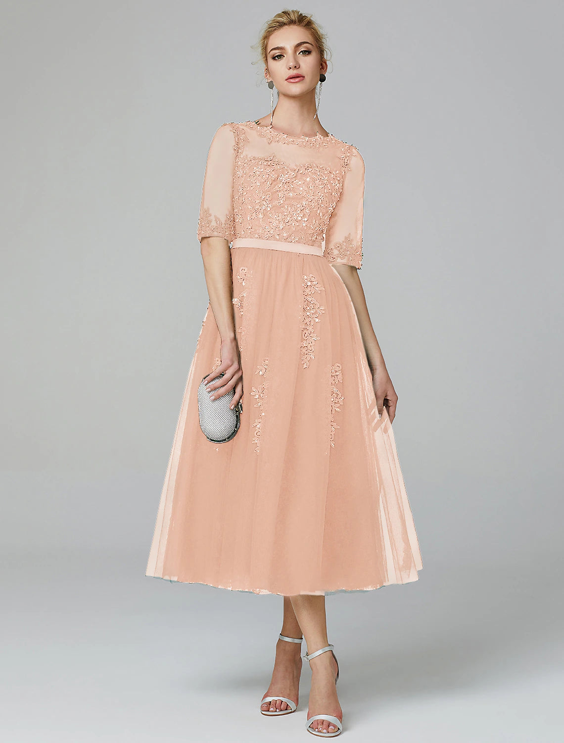 Luolandi A-Line Sparkle Dress Formal Evening Kentucky Derby Tea Length Sleeveless Illusion Neck Fall Wedding Guest Lace Over Tulle with Sequin