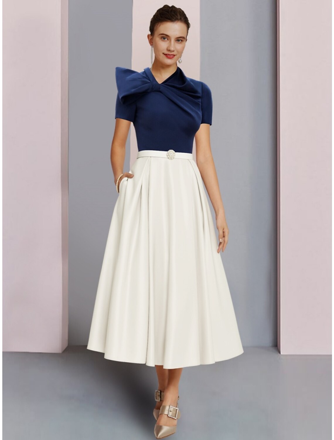 Luolandi A-Line Mother of the Bride Dress Wedding Guest Elegant Jewel Neck Tea Length Satin Short Sleeve with Bow(s)