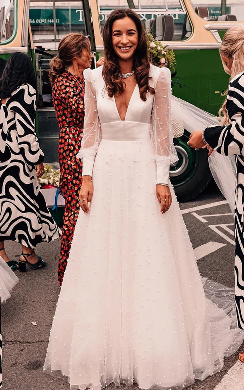 Luolandi Plunging Neckline A-Line Lace Casual Wedding Dress With Open Back And Beading Sexy