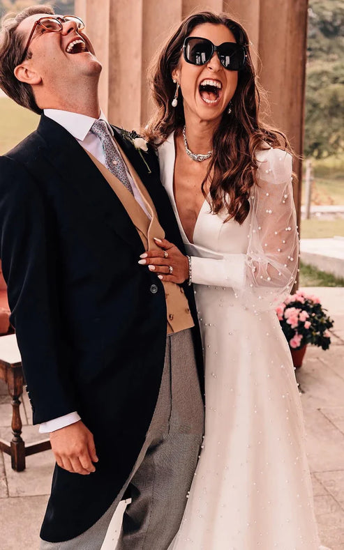 Luolandi Plunging Neckline A-Line Lace Casual Wedding Dress With Open Back And Beading Sexy