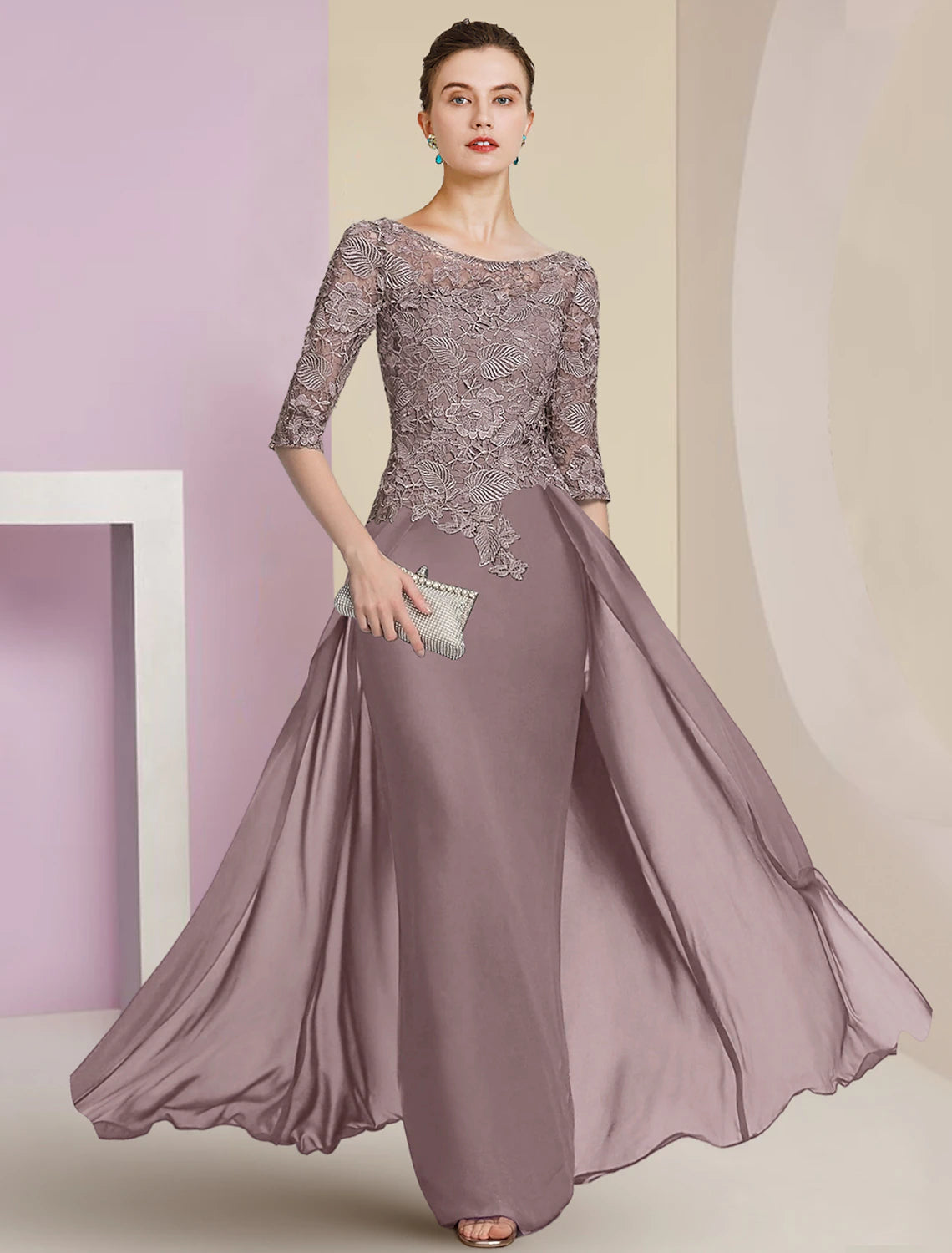 Luolandi Sheath / Column Mother of the Bride Dress Formal Wedding Guest Elegant Scoop Neck Floor Length Chiffon Lace Half Sleeve