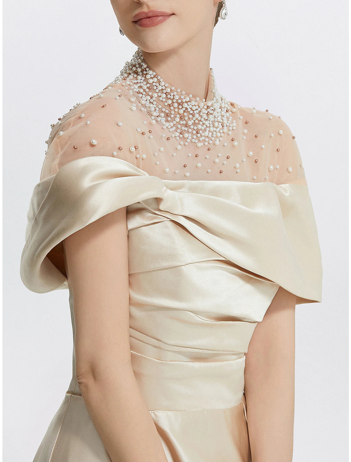 Luolandi A-Line Evening Gown Elegant Dress Formal Prom Floor Length Sleeveless High Neck Italy Satin with Ruched