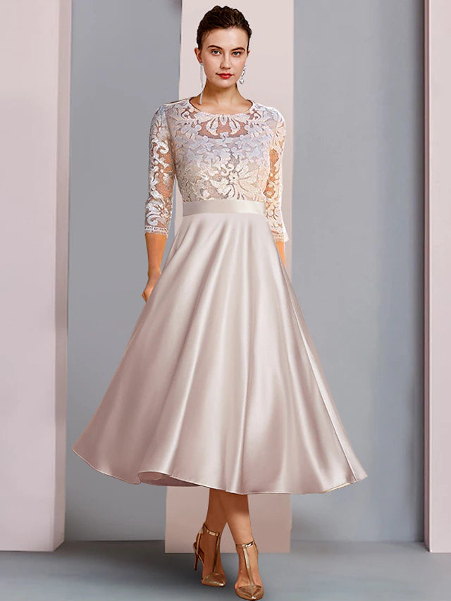 Luolandi A-Line Mother of the Bride Dress Wedding Guest Party Elegant Scoop Neck Tea Length Satin Lace 3/4 Length Sleeve