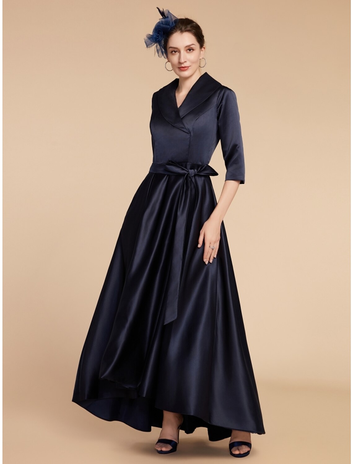 Luolandi A-Line Mother of the Bride Dress Wedding Guest Elegant V Neck Ankle Length Satin Half Sleeve with Sash / Ribbon Ruching