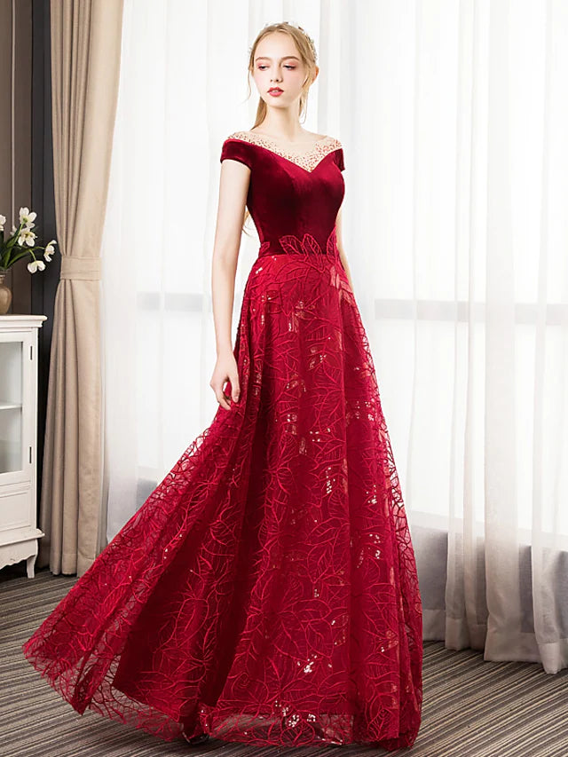 Luolandi A-Line Prom Dresses Glittering Dress Engagement Floor Length Short Sleeve Jewel Neck Tulle with Pleats Crystals Pattern