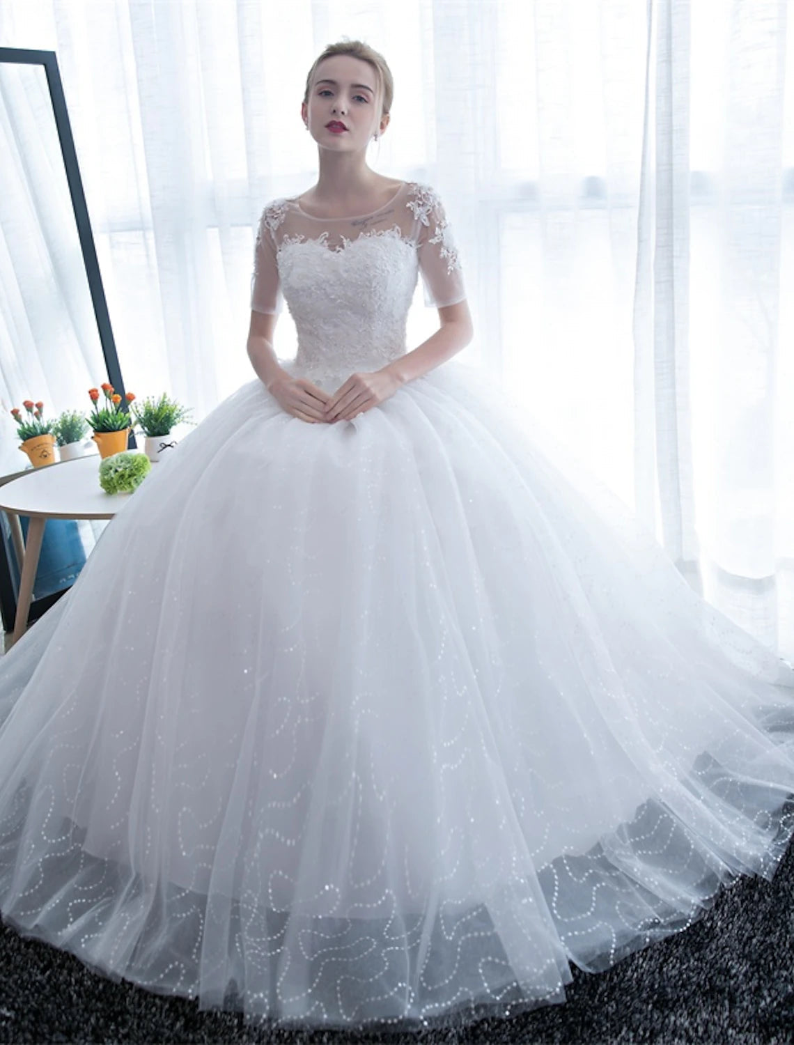 Luolandi Reception Formal Wedding Dresses Ball Gown Illusion Neck Half Sleeve Floor Length Satin Bridal Gowns