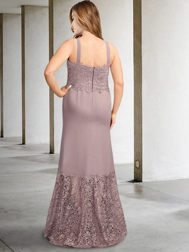 Luolandi Two Piece A-Line Plus Size Curve Mother of the Bride Dresses Elegant Dress Formal Asymmetrical Sleeveless Square Neck Chiffon with Appliques