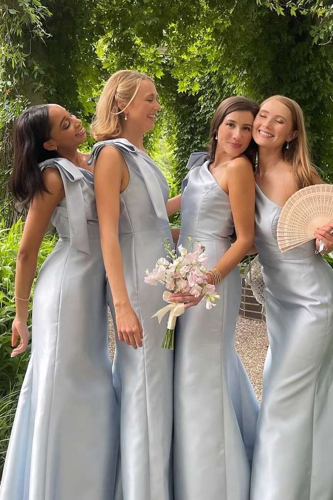 Luolandi Blue One Shoulder Sheath Long Bridesmaid Dress Wedding Guest Dress Party Dress