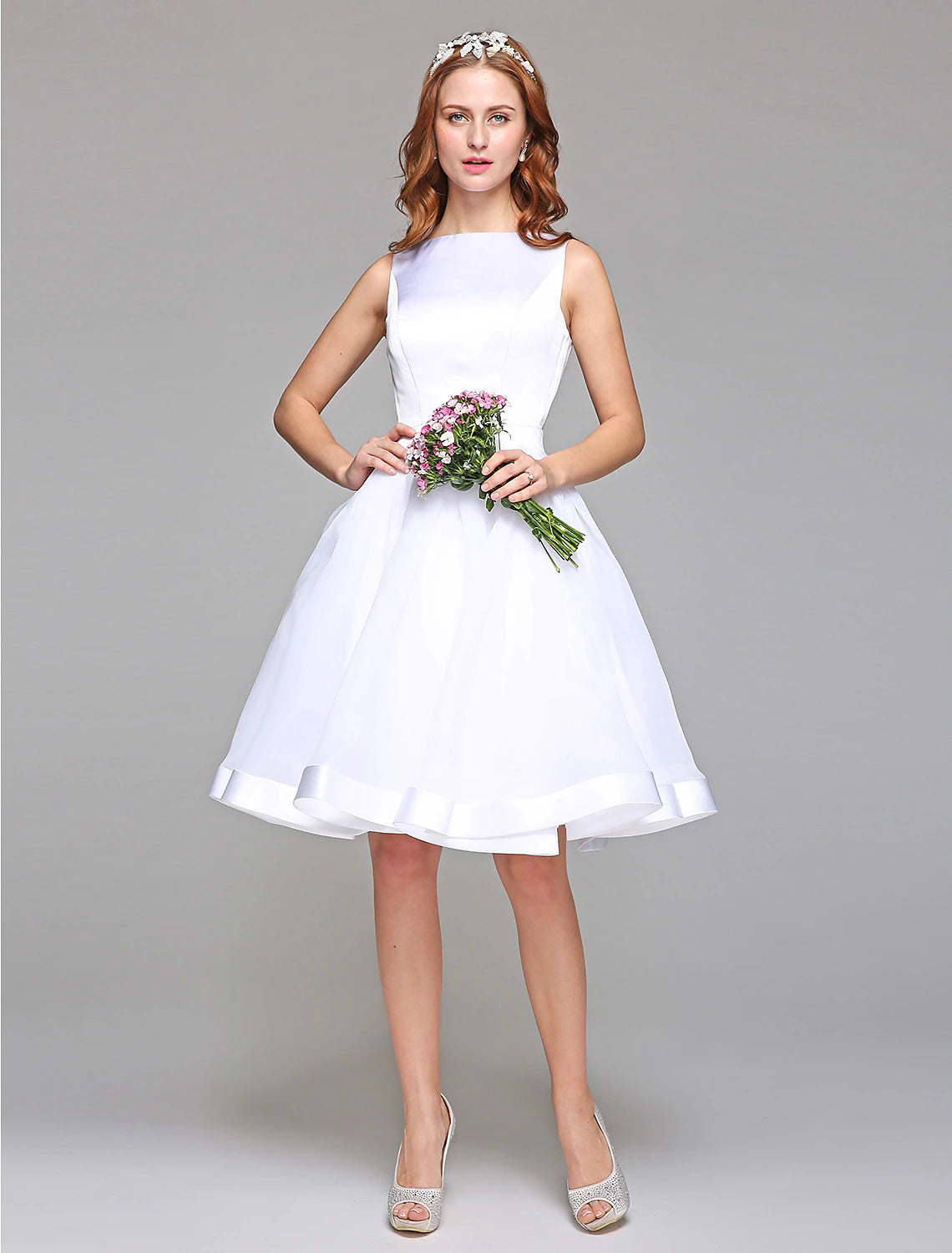 Luolandi Wedding Dresses A-Line Bateau Neck Regular Straps Knee Length Satin Bridal Gowns With Bowknot Sash