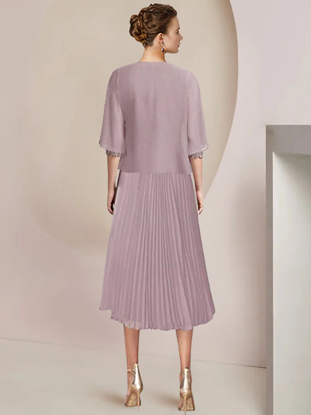 Luolandi Two Piece A-Line Mother of the Bride Dress Formal Wedding Guest Elegant Scoop Neck Tea Length Lace 3/4 Length Sleeve Wrap Included with Pleats