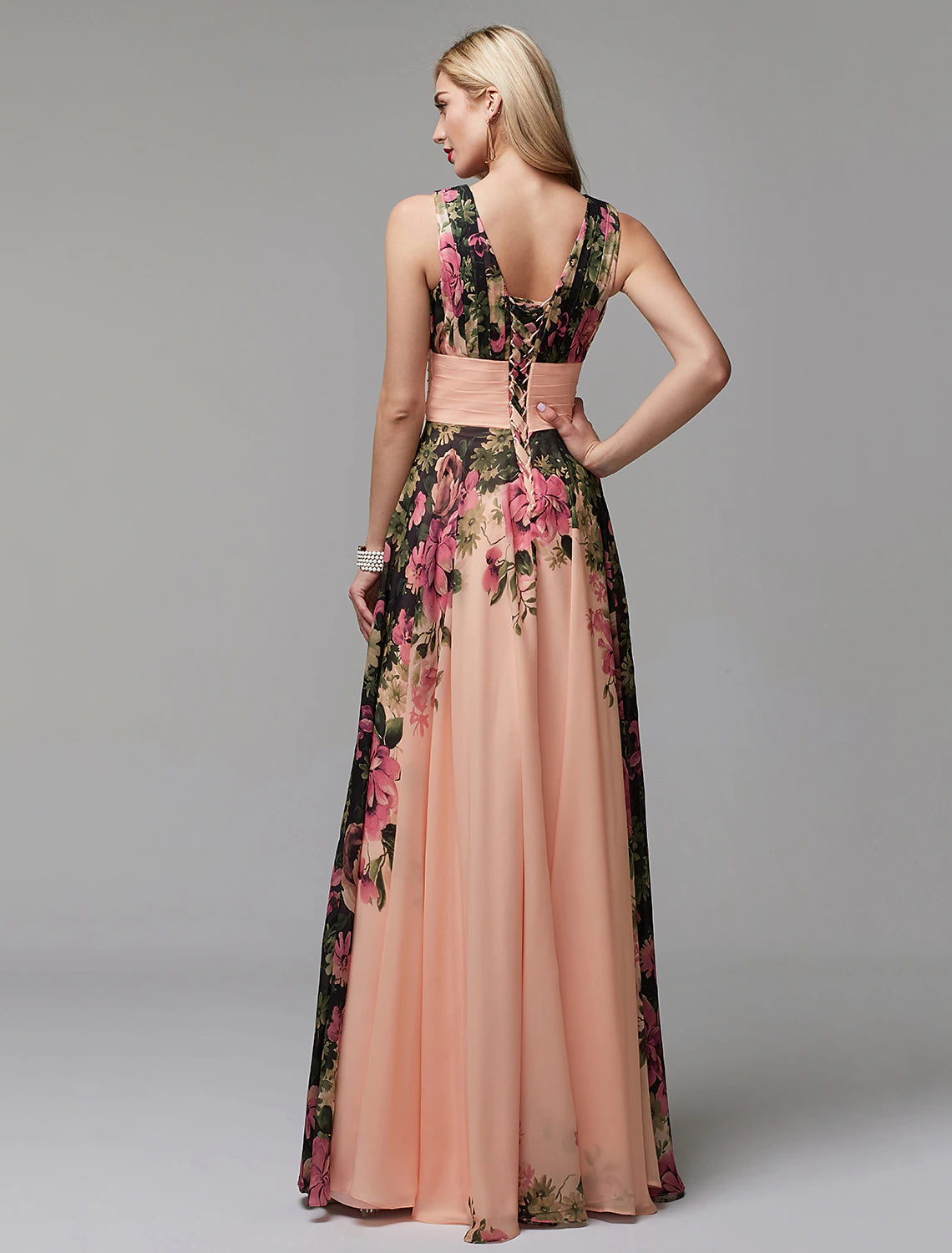 Luolandi A-Line Floral Dress Holiday Floor Length Sleeveless V Neck Bridesmaid Dress Chiffon with Pattern
