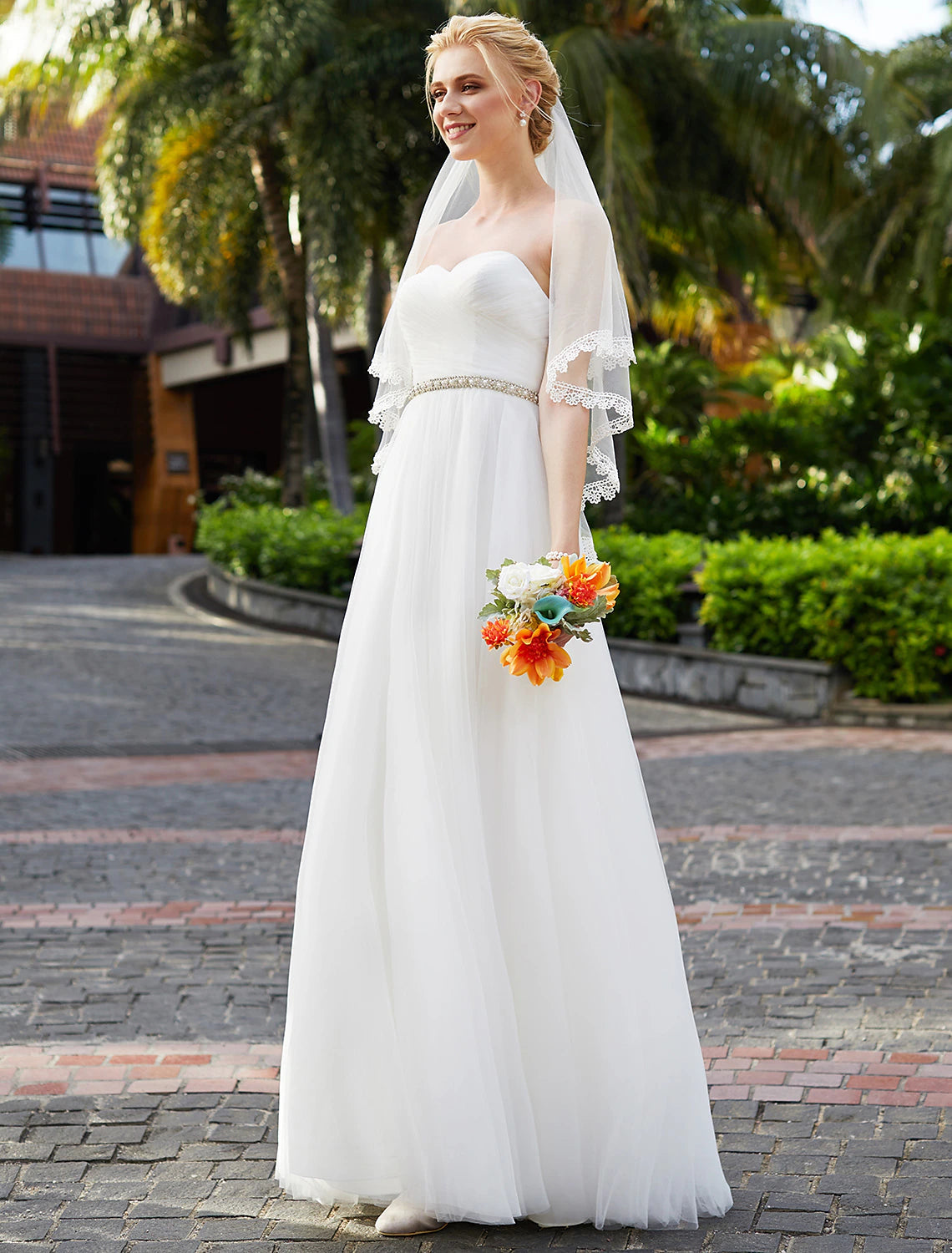 Luolandi Reception Wedding Dresses Princess Sweetheart Strapless Floor Length Chiffon Bridal Gowns With Sashes Beading