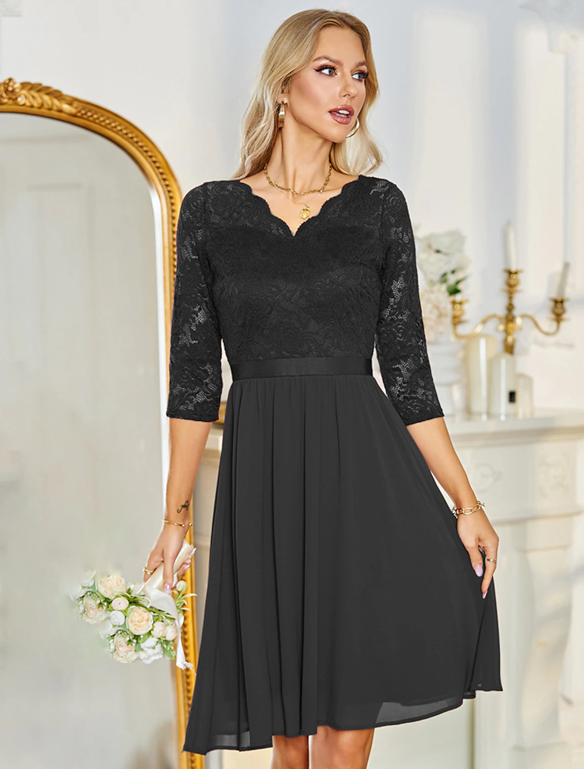 Luolandi A-Line Cocktail Dresses Minimalist Dress Party Wear Knee Length Half Sleeve V Neck Chiffon