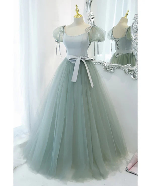 Luolandi Unique and elegant mint green square neck fluffy short sleeved ball dress with backless strap bow belt and floor length prom dress