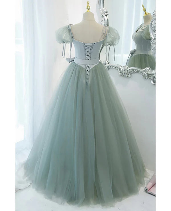 Luolandi Unique and elegant mint green square neck fluffy short sleeved ball dress with backless strap bow belt and floor length prom dress