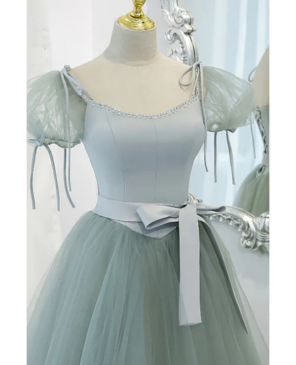 Luolandi Unique and elegant mint green square neck fluffy short sleeved ball dress with backless strap bow belt and floor length prom dress