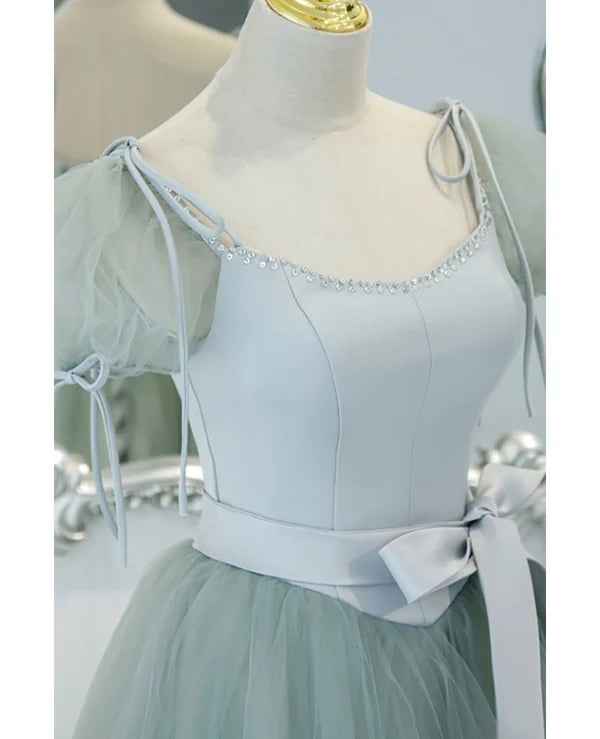 Luolandi Unique and elegant mint green square neck fluffy short sleeved ball dress with backless strap bow belt and floor length prom dress