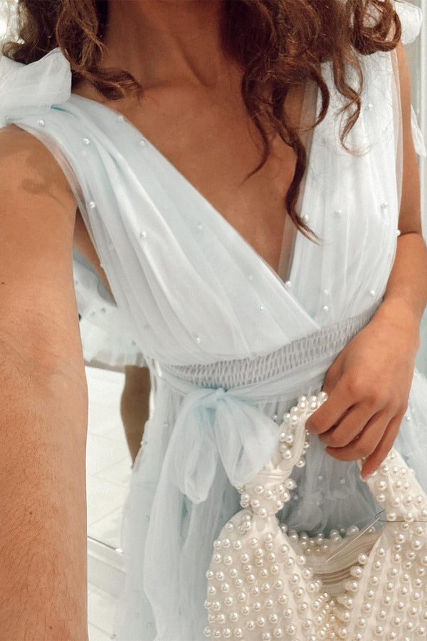 Luolandi Blush Tulle A-Line Homecoming Dress with Pearls V-neck Beautiful Party Dress