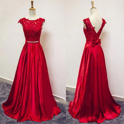 Luolandi Beautiful Red Satin and Lace Round Neckline Evening Gown A-line Formal Gown Prom Dress