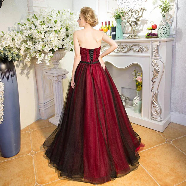 Luolandi Red and Black Scoop Tulle Long Party Dress with Beadings Long Tulle A-line Formal Dress Off Shoulder Prom Dress