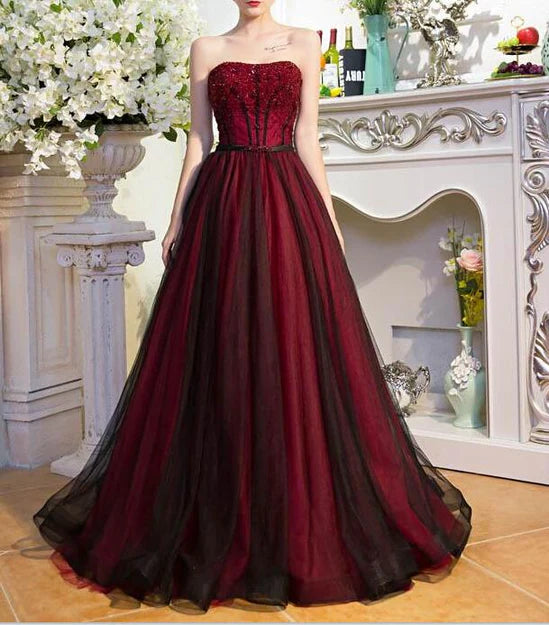 Luolandi Red and Black Scoop Tulle Long Party Dress with Beadings Long Tulle A-line Formal Dress Off Shoulder Prom Dress