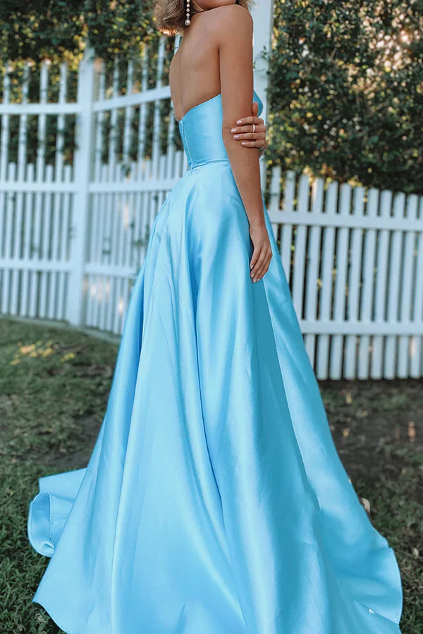 Luolandi Light Blue Satin Sweetheart High Leg Split Evening Dress Off Shoulder Sexy