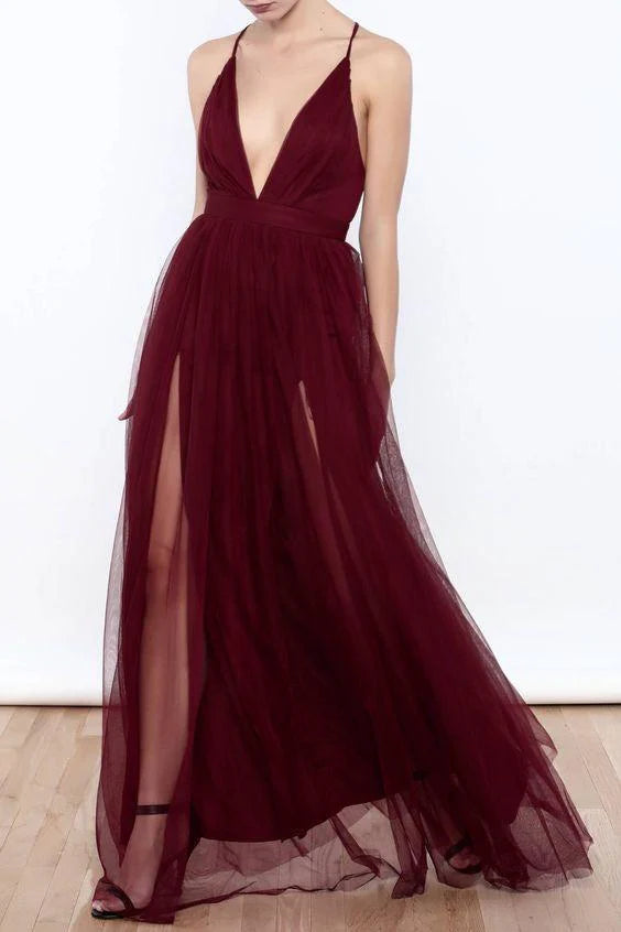 Luolandi A-line Deep-V Floor-Length Tulle Simple Prom Dresses Sexy Evening Dress Party Dress