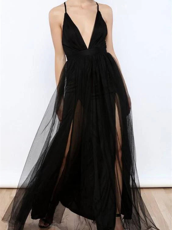 Luolandi A-line Deep-V Floor-Length Tulle Simple Prom Dresses Sexy Evening Dress Party Dress