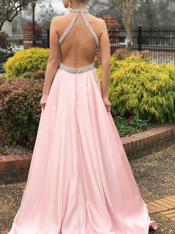 Luolandi Popular Satin Jewel Neckline Backless Sweep Train A-line Prom Dresses With Rhinestones Evening Dresses