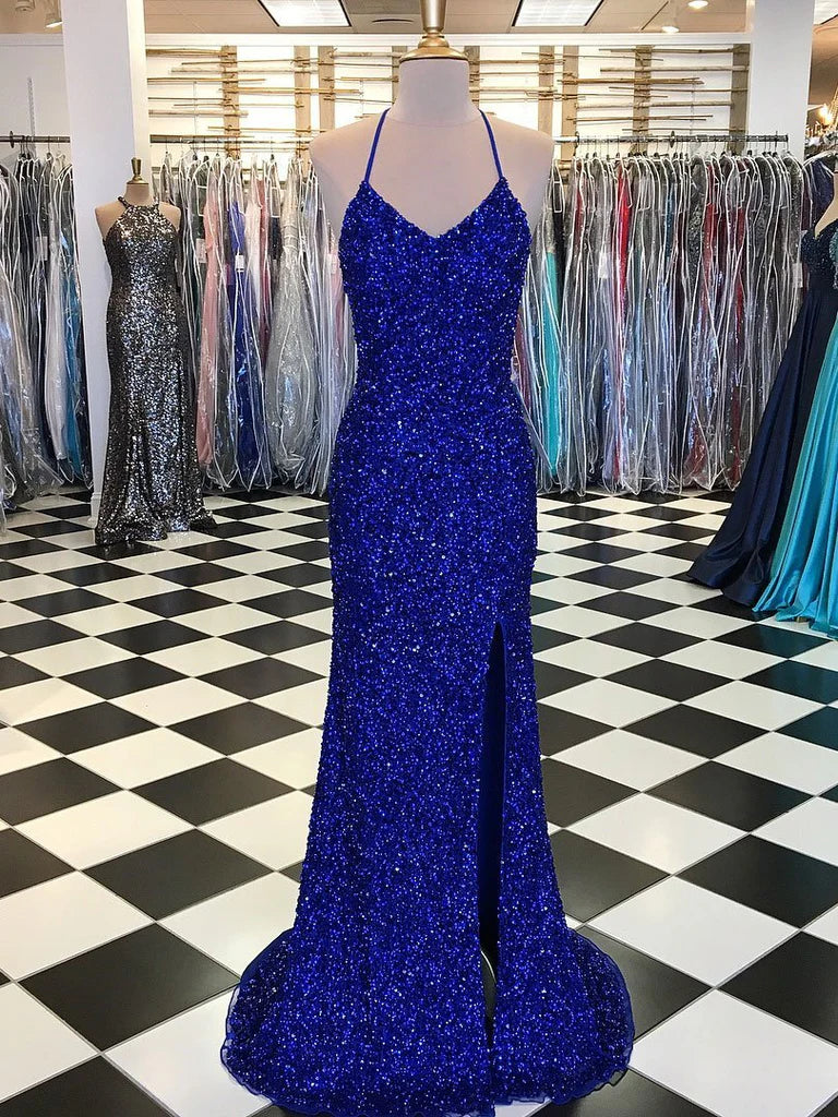 Luolandi Shimmering Sequin Lace Halter Neckline Sweep Train Sheath Prom Dress Sparkly Evening Dress