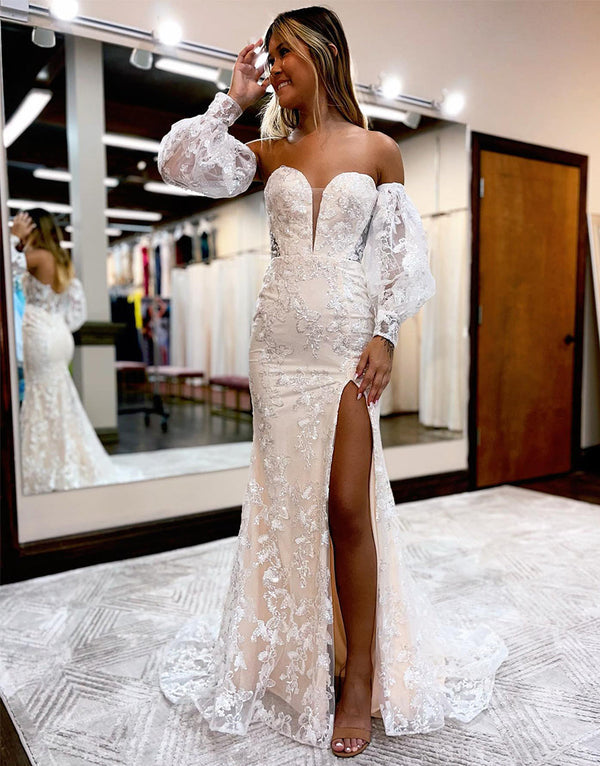 Luolandi Mermaid Sweetheart Lace Prom Dress with Detachable Sleeves Off Shoulder Sexy With Slit