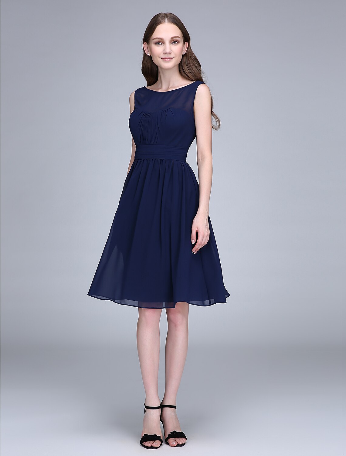 Luolandi Bridesmaid Dress Jewel Neck Sleeveless Knee Length Chiffon with Ruched