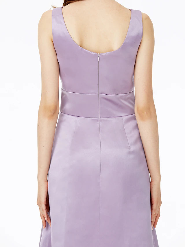 Luolandi A-Line Bridesmaid Dress Notched Sleeveless Elegant Floor Length Satin with Pleats