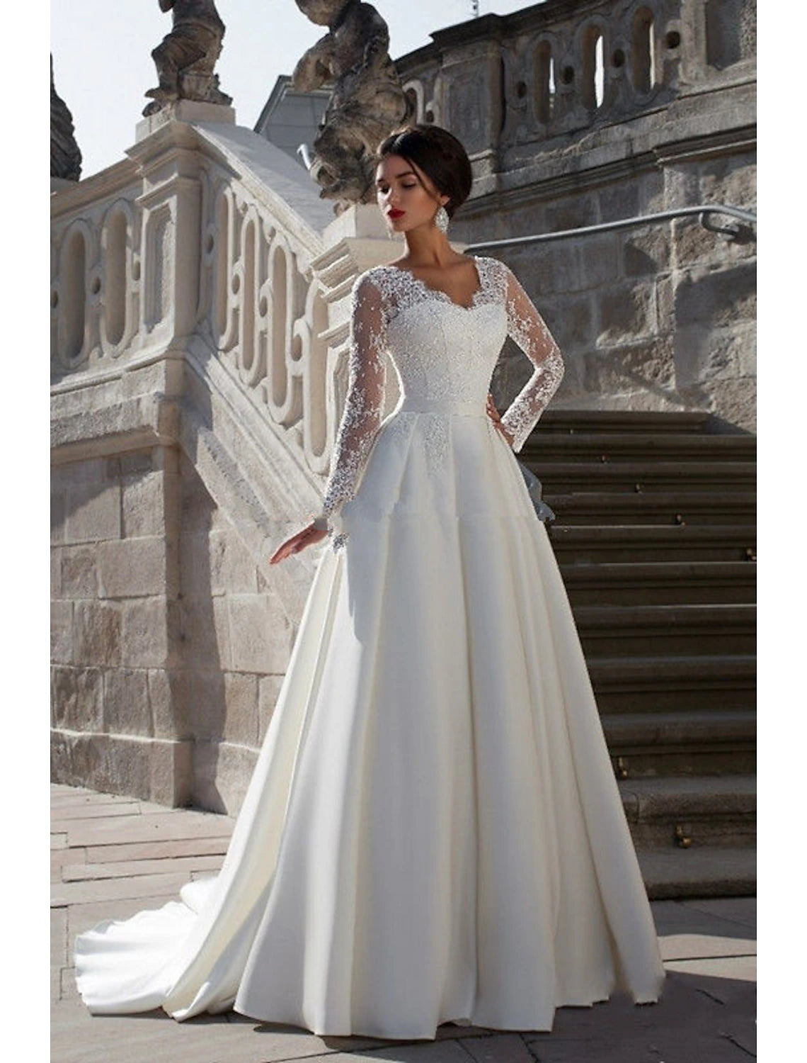 Luolandi Engagement Formal Fall Wedding Dresses A-Line V Neck Long Sleeve Court Train Satin Bridal Gowns