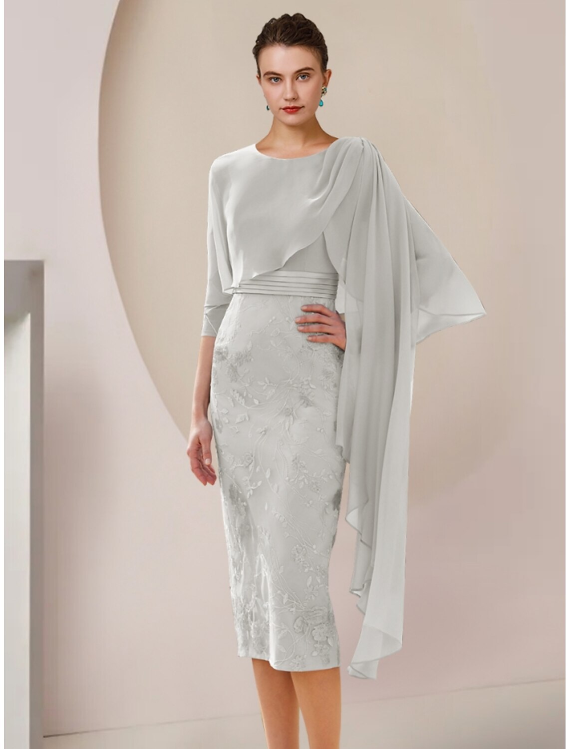 Luolandi A-Line Mother of the Bride Dress Wedding Guest Elegant Petite Jewel Neck Tea Length Chiffon Lace Half Sleeve with Ruching