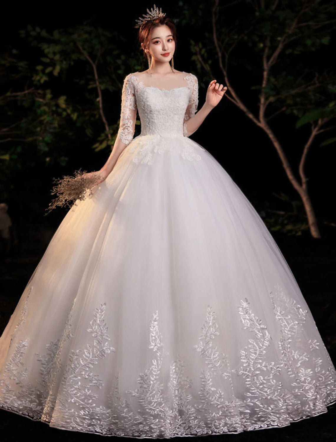 Luolandi Reception Formal Wedding Dresses Ball Gown Illusion Neck Half Sleeve Floor Length Lace Bridal Gowns